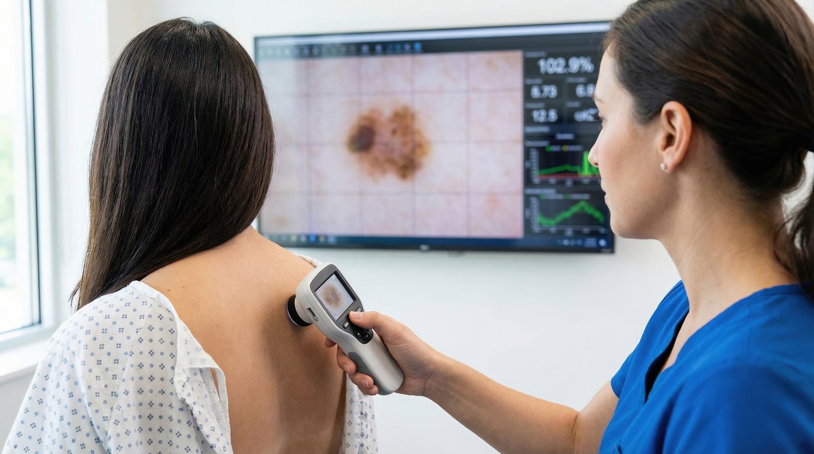 Clinician scanning a patient's back with a handheld dermatoscope, the magnified mole shown on a monitor