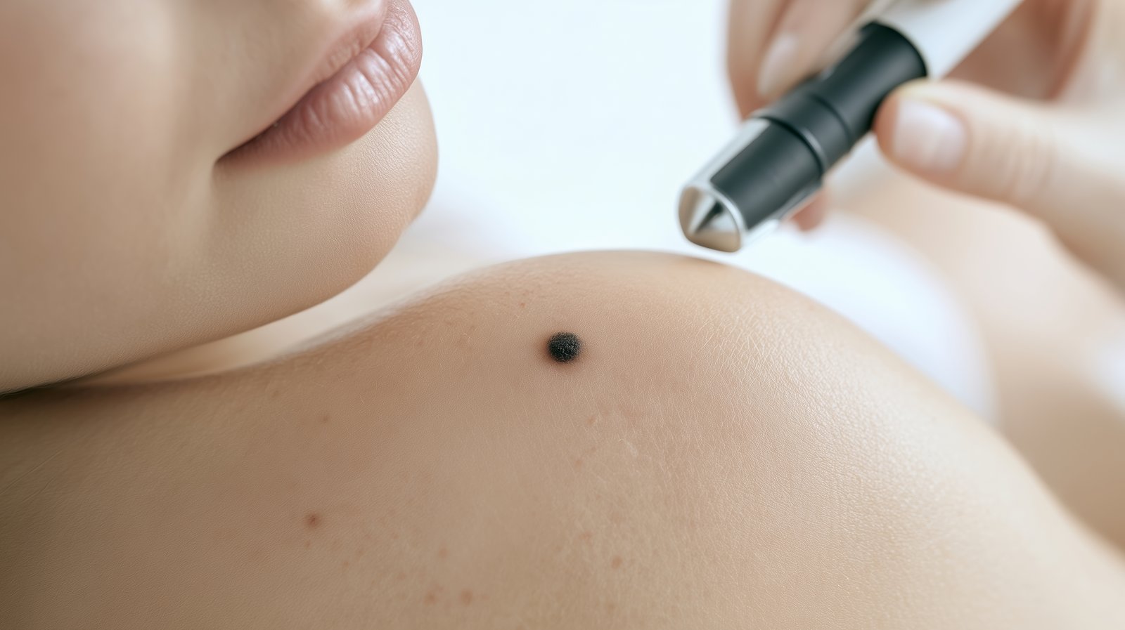 Dermatoscope approaching a dark mole on a patient's shoulder