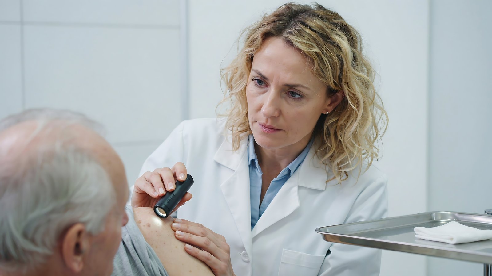 Dermatologist examining a spot on an older man’s shoulder with a dermatoscope