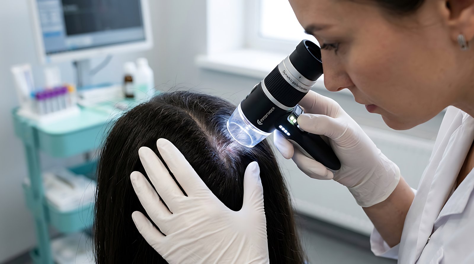 Dermatologist examining a woman's part line with a dermatoscope in a clinic