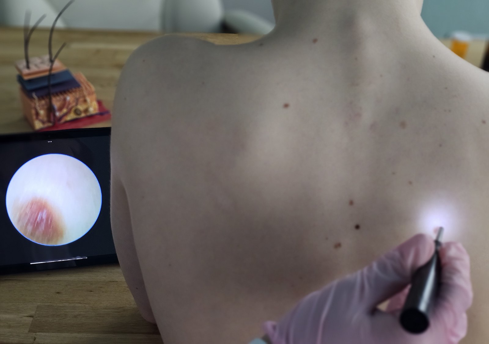 Video dermatoscope on a patient's back with the magnified skin shown on a monitor