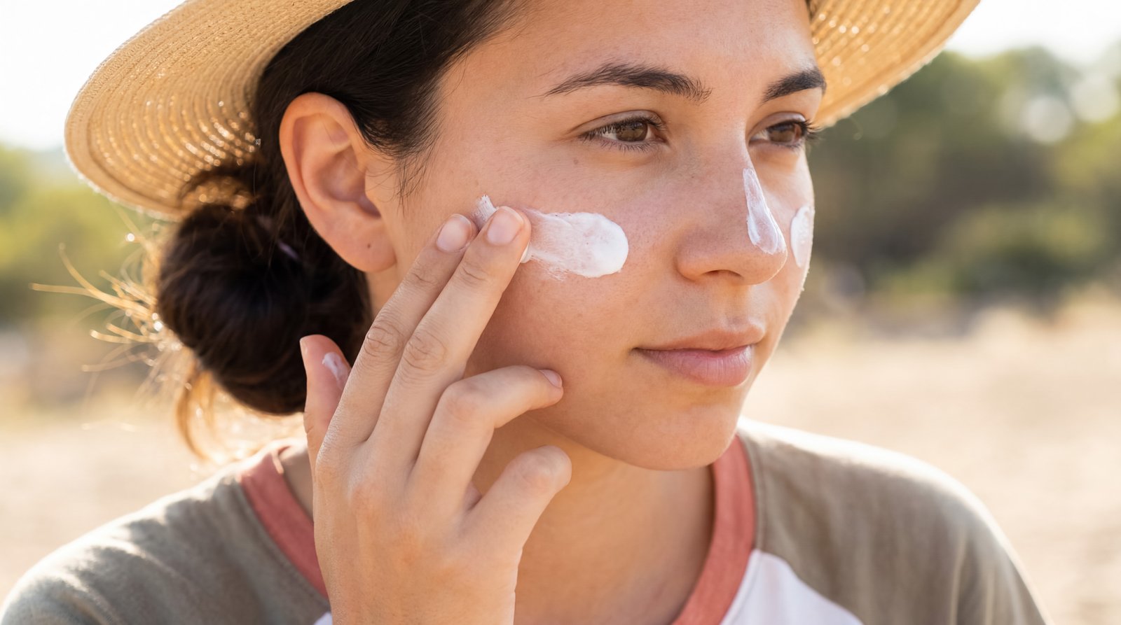 Woman in a straw hat spreading sunscreen across her cheek outdoors
