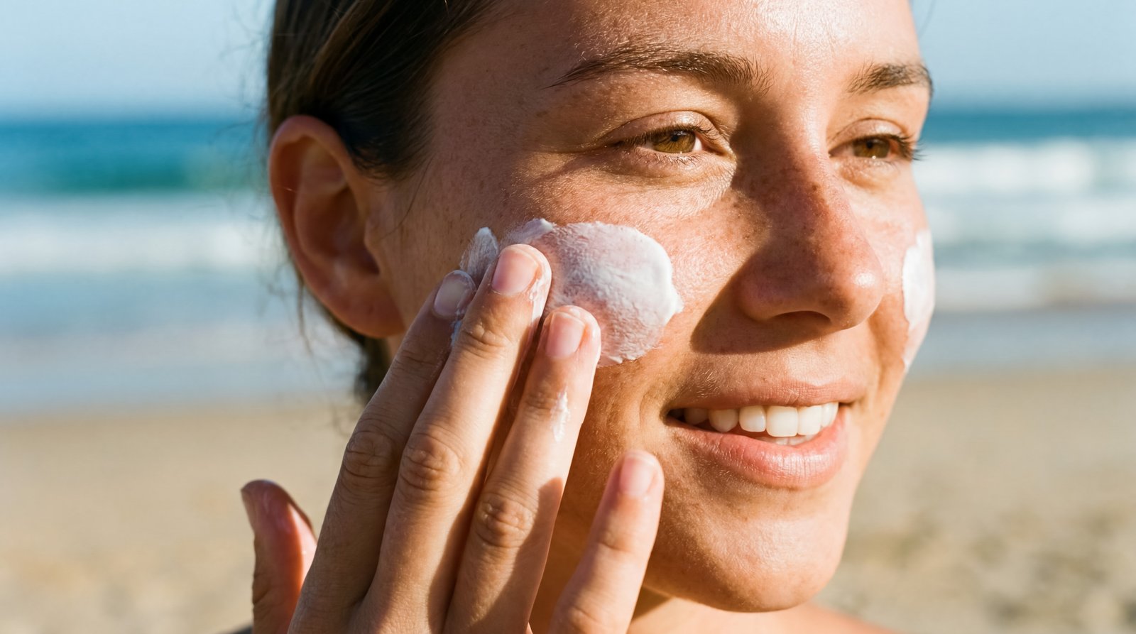 Woman applying sunscreen to her face at the beach