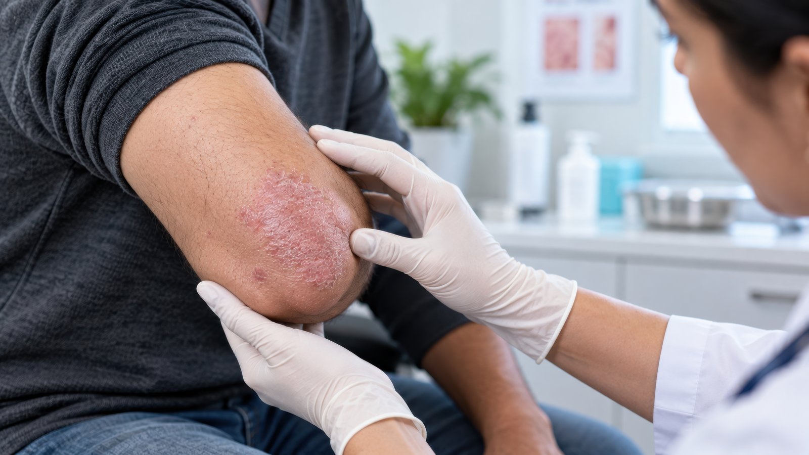 Dermatologist in gloves examining a red plaque on a patient's elbow