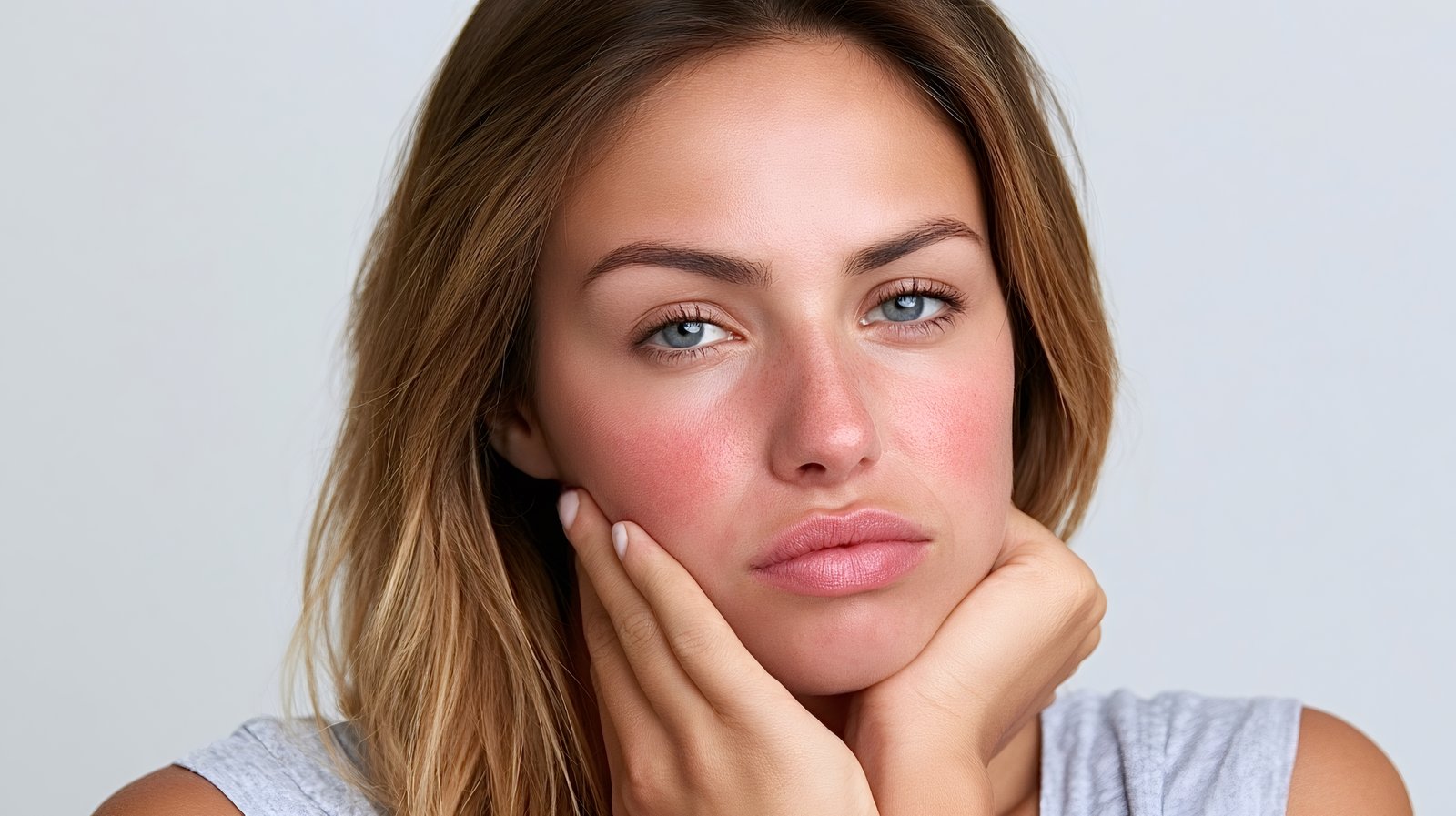 Woman with redness across her cheeks resting her chin on her hand